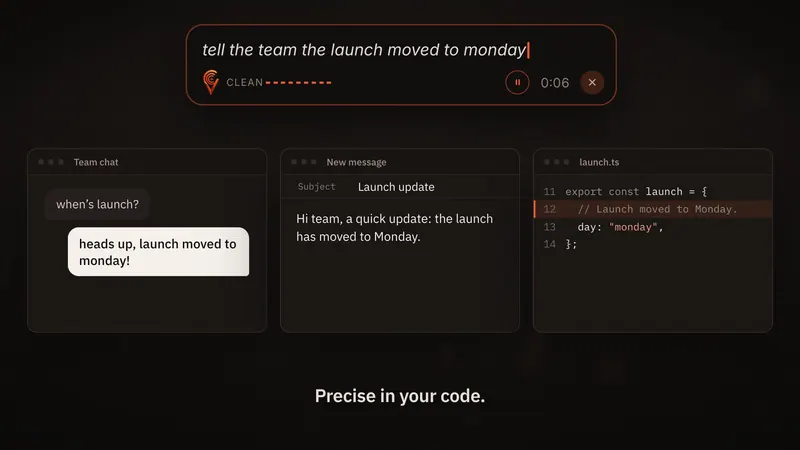 A scene from the Clavox launch film. One spoken sentence lands three ways, as a casual team chat message, a short email and a code comment.
