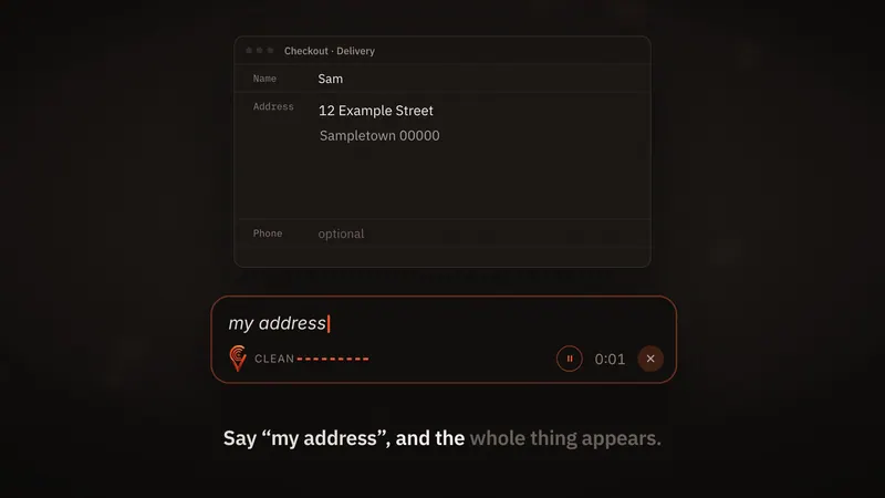 A scene from the Clavox launch film. A spoken, rambling list is turned into a tidy note with a heading and bullet points.