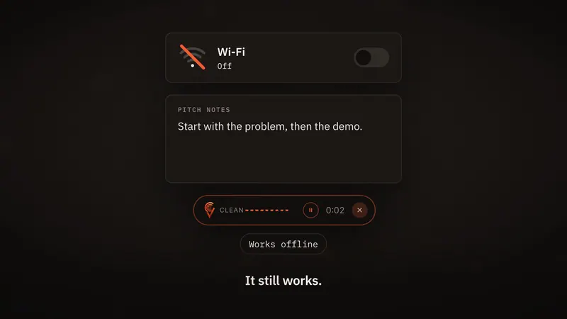 A scene from the Clavox launch film. Wi-Fi is switched off, and Clavox still types the spoken note “Start with the problem, then the demo.”